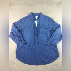 Chico’s blue soft denim long sleeve blouse Womens size 2 lace up front nwt